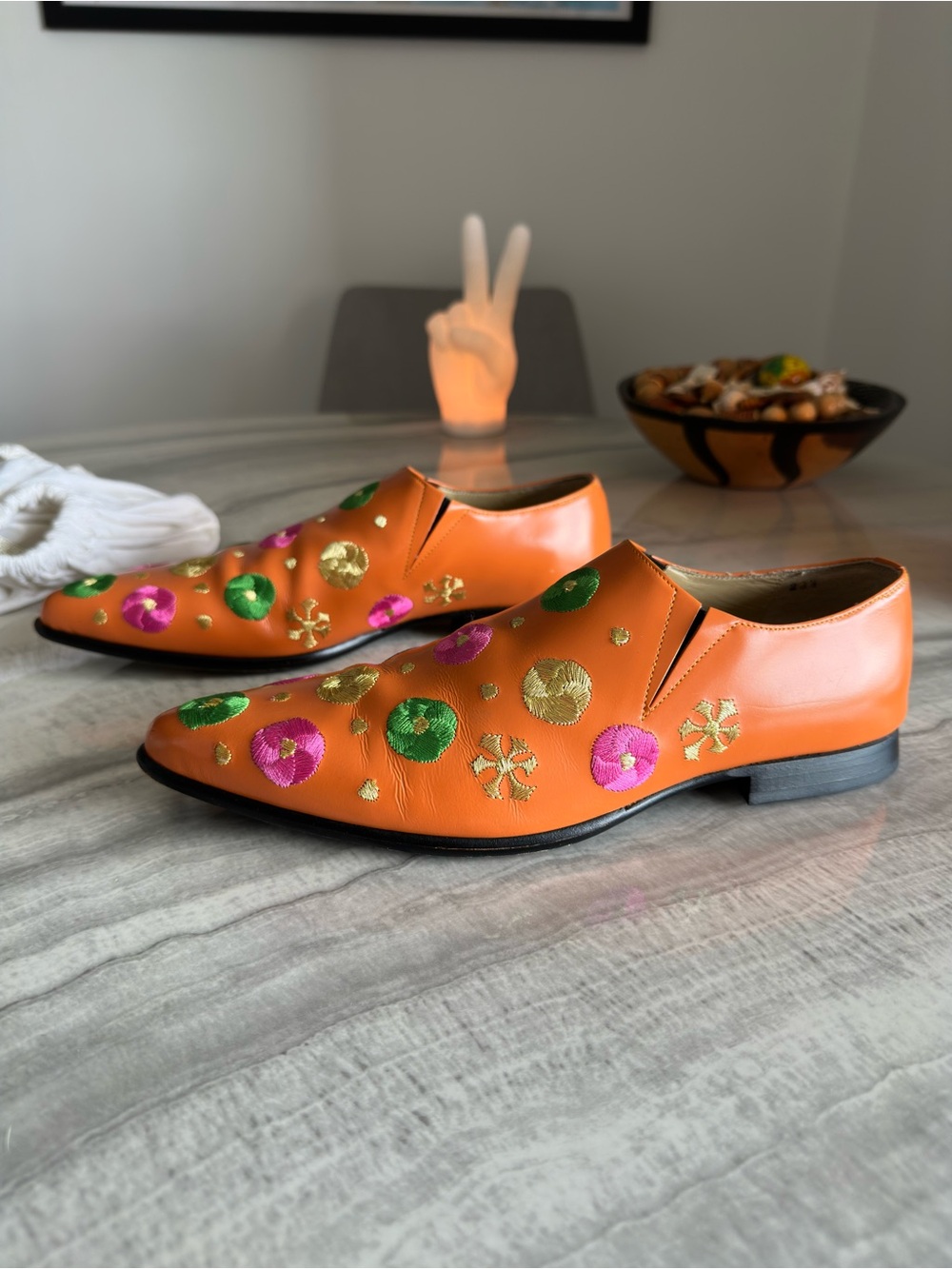 Comme des Garcons Floral Embroidered Orange Leather Loafers Pointed Toe Shoes